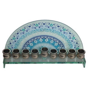 חנוכיה זכוכית רימונים גווני כחול 14*23 ס"מ